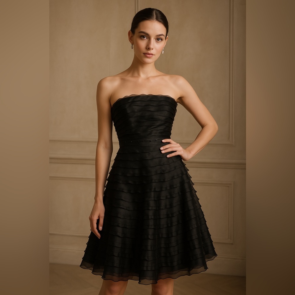 NWOT Elegant Black Strapless Ruffled Flare Mini Dress Party Wedding